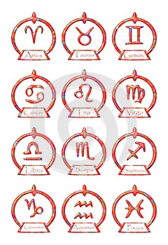 Set of Zodiac signs symbols in an elegant version, colors, isolated, fantasy.