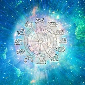 Zodiac signs with all symbols in circle around a horoscope like astrology concept