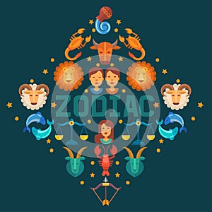 Zodiac signs banner vector illustration. Horoscope, astrology icons such as Aries, Taurus Gemini, Cancer Leo, Virgo