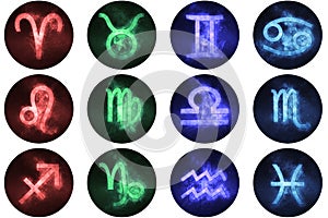 Zodiac signs buttons. Set of horoscope symbols, astrology icons