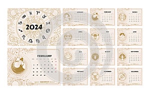 Zodiac signs Calendar 2024, magical astrological print template, week starts on Monday, A4 printable set, beige