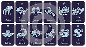 Zodiac signs cards. Astrological symbols. Zodiacal animals with floral patterned silhouettes. Constellations icons with