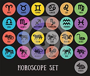 Zodiac signs and Chinese horoscope. Aquarius, libra, leo, taurus