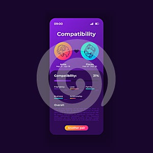 Zodiac signs compatibility app smartphone interface vector template
