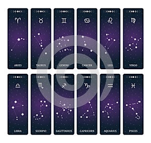 Zodiac signs with constellations on outer space background. Mystery and esoteric. Horoscope vector illustration