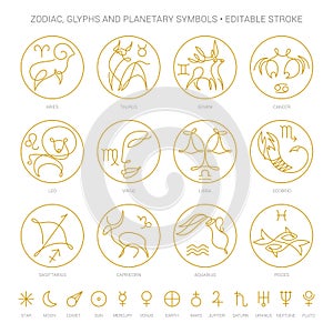 Zodiac signs and constellations. Ritual astrology and horoscope symbols