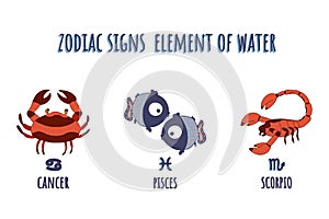 Zodiac signs element of air cartoon characters. Hand drawn. isolated on a white background and lettering pisces,cancer,scorpio.