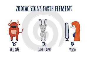 Zodiac signs element of air cartoon characters. Hand drawn. isolated on a white background and lettering virgo,taurus,capricorn.