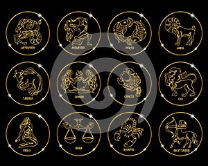 Zodiac signs in golden shiny circles, set. Golden design on a black background. Icons vector