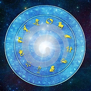 Zodiac signs on horoscope with esoteric, occult, mystic symbols like astrology and esoteric concept