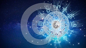 Zodiac signs inside of horoscope circle. Astrology in the sky with many stars and moons  astrology and horoscopes concept