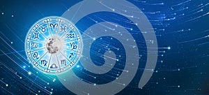 Zodiac signs inside of horoscope circle. Astrology in the sky with many stars and moons  astrology and horoscopes concept