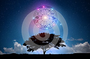 Zodiac signs inside of horoscope circle. Astrology in the sky with many stars and moons  astrology and horoscopes concept