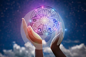 Zodiac signs inside of horoscope circle. Astrology in the sky with many stars and moons  astrology and horoscopes concept