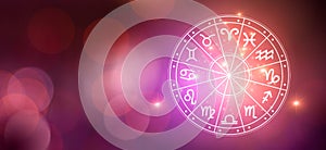 Zodiac signs inside of horoscope circle. Astrology in the sky with many stars and moons  astrology and horoscopes concept