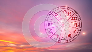 Zodiac signs inside of horoscope circle. Astrology in the sky with many stars and moons  astrology and horoscopes concept