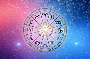 Zodiac signs inside of horoscope circle. Astrology in the sky with many stars and moons  astrology and horoscopes concept