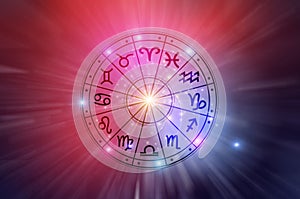 Zodiac signs inside of horoscope circle. Astrology in the sky with many stars and moons astrology and horoscopes concept