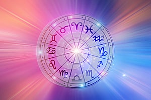 Zodiac signs inside of horoscope circle. Astrology in the sky with many stars and moons astrology and horoscopes concept