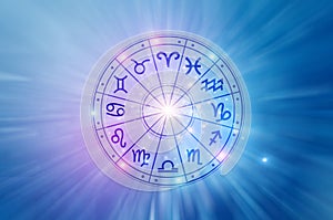 Zodiac signs inside of horoscope circle. Astrology in the sky with many stars and moons astrology and horoscopes concept