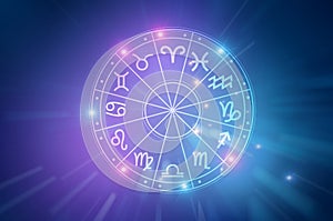 Zodiac signs inside of horoscope circle. Astrology in the sky with many stars and moons astrology and horoscopes concept