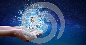 Zodiac signs inside of horoscope circle. Astrology in the sky with many stars and moons  astrology and horoscopes concept photo