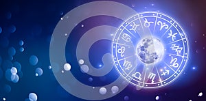 Zodiac signs inside of horoscope circle. Astrology in the sky with many stars and moons  astrology and horoscopes concept