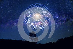 Zodiac signs inside of horoscope circle. Astrology in the sky with many stars and moons  astrology and horoscopes concept