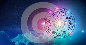 Zodiac signs inside of horoscope circle. Astrology in the sky with many stars and moons  astrology and horoscopes concept