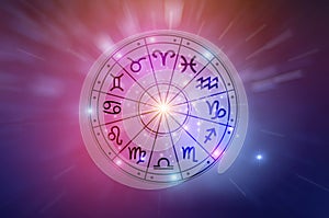 Zodiac signs inside of horoscope circle. Astrology in the sky with many stars and moons astrology and horoscopes concept