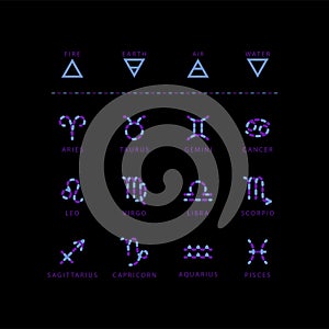 Zodiac signs made of blue stone beads, vector set isolated on black background.