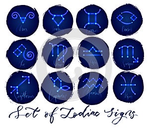 Zodiac signs in neon glowing style