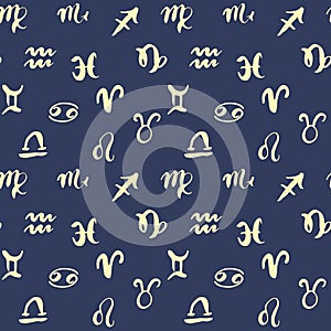 Zodiac signs seamless pattern. Hand drawn horoscope astrology symbols, grunge textured design, typography print, vector illustrati