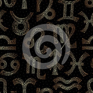 Zodiac signs seamless pattern. Horoscope golden magic symbols background. Hand drawn astrological texture.