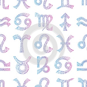 Zodiac signs seamless pattern. Horoscope magic symbols background. Hand drawn astrological texture for wallpaper, wrapping,