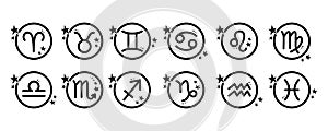 Zodiac signs set, astrological symbols of twelve zodiacal constellations. Horoscope black round icons with stars