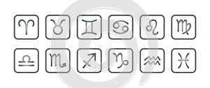 Zodiac signs set, astrological symbols of twelve zodiacal constellations. Horoscope silver gradient square icons