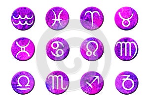 Zodiac signs. Set of simple stroke zodiac signs on watercolor circles background.  Bright, colorful round shapes purple.
