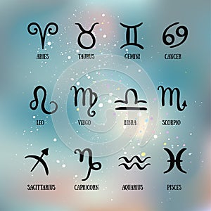 Zodiac signs. Set of simple zodiac with captions . Zodiac symbols