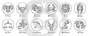 Zodiac signs. Sketch Cancer, Scorpio and Pisces. Hand drawn Taurus, Virgo and Capricorn. Aries, Leo and Sagittarius. Gemini, Libra