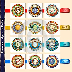 Zodiac signs theme. Set of mandala zodiac signs. Hand drawn tribal mandala horoscope symbol.