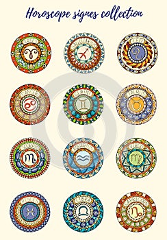 Zodiac signs theme. Set of mandalas with libra zodiac signs. Zentangle inspired mandalas.