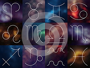 Zodiac signs. White thin line astrological symbols on blurry colorful background.