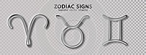 Zodiac silver signs Aries, Taurus, Gemini, with shadow isolated on transparent background. Luxury 3d realistic signs for