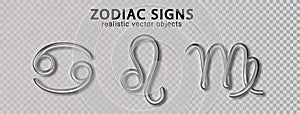 Zodiac silver signs Cancer, Leo, Virgo, with shadow isolated on transparent background. Luxury 3d realistic signs for