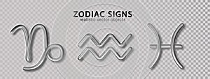 Zodiac silver signs Capricorn, Aquarius, Pisces, with shadow isolated on transparent background. Luxury 3d realistic