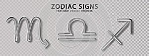 Zodiac silver signs Libra, Scorpio, Sagittarius, with shadow isolated on transparent background. Luxury 3d realistic