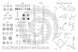 Zodiac sings constellation, alchemy astrology astronomy symbols, isolated icons. Planets, stars pictograms. Big esoteric