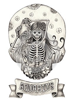 Zodiac Skull Aquarius.Hand drawing on paper.