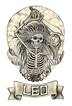 Zodiac Skull Leo.Hand drawing on paper.